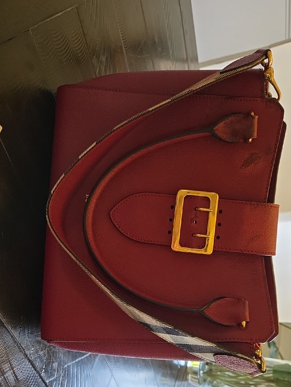 Burberry Burgundy Leather Satchel with Gold Buckle and Check Strap